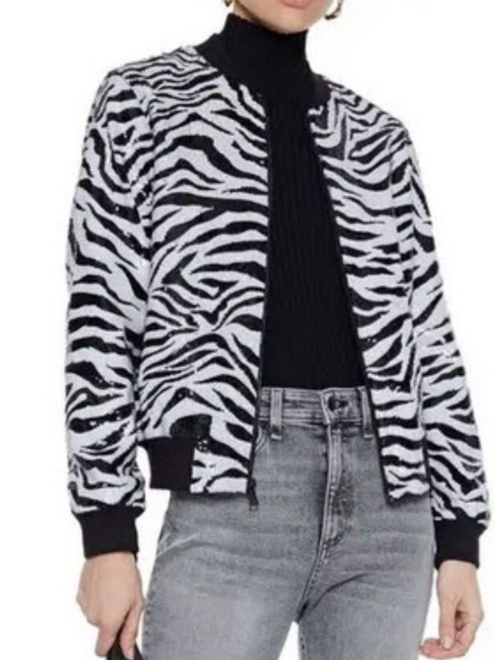 Alice and Olivia “Lonnie” Black & White Zebra Sequin Bomber Jacket - Women